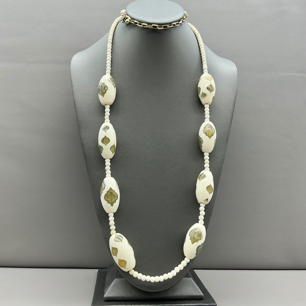 Chico's Necklace Women Cream Green Beaded Oval Inlay Boho Statement 36 Inch